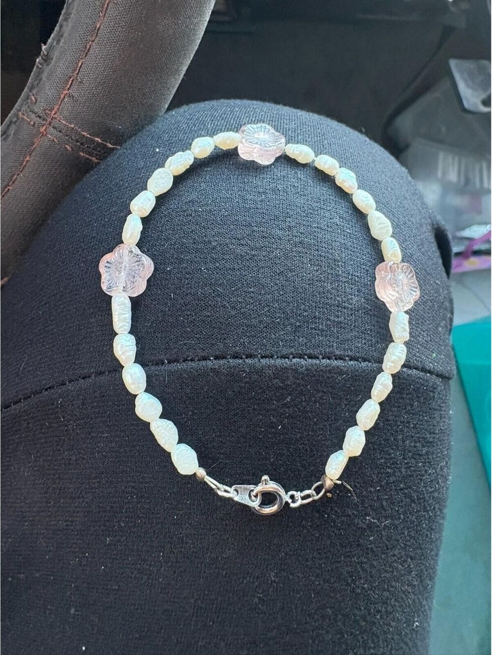 Opalite and Rose Quartz Beaded Flower Bracelet Pink Iridescent Silver Tone Clasp